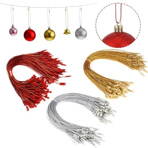 FOSDICK 300pcs Ficelle de Noël avec Cordes de Verrouillage à Pression de 20cm, Cordon de Suspension pour Boules de Noël et Ornements de Sapin en Polyester Or Argent Rouge