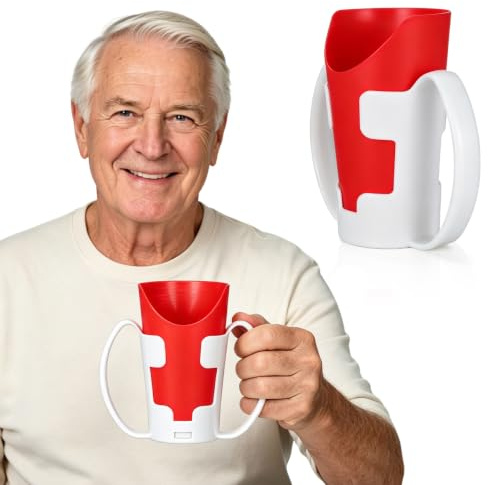 HEMOTON Tasse à Découpe Nasale, Rouge avec Support | Permet de boire sans incliner fortement la tête, pour personnes âgées, soins à domicile et mobilité réduite