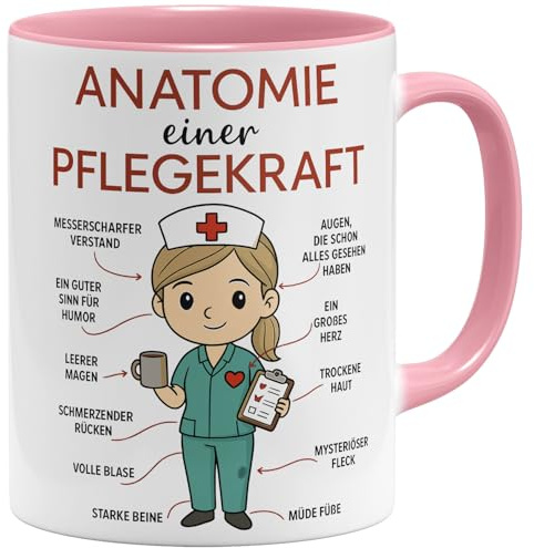 OM3® Anatomie einer Pflegekraft Kaffee-Tasse mit Spruch - Dankeschön für Krankenschwester, Pflegerin & Altenpflegerin - Keramik Becher - 325ml - Beidseitig Bedruckt - Rosa