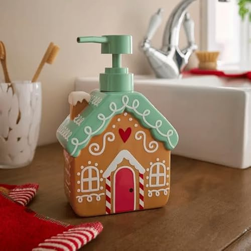 New Gingerbread House Ceramic Soap Dispenser – Festive Christmas Hand Soap Pump for Bathroom or Kitchen Sink M-96 (Gingerbread House Soap Dispenser)