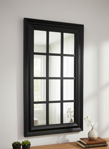 DEENZ Decorative Rectangle Window Style Panel Design Glass Wall Mounted Mirror Black 12 Divided Sections Modern Home Large Plastic/Resin Framed For Bedroom, Living Room, Hallway 73 X 43 X 2.5 Cm