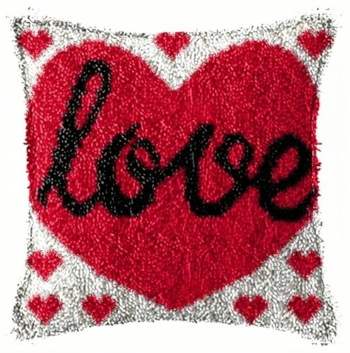 YEESAM ART Latch Hook Cushion Kits for Adults & Beginners, Love Red Heart Pre-Printed Latch Hooking Pillow Kit, DIY Embroidery Set Pillowcase for Home Sofa Decor Idea (Love)