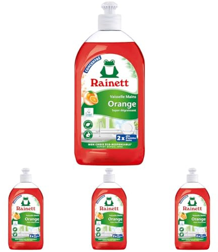 RAINETT - Liquide Vaisselle Mains à l'Orange - Formule Concentrée Super-Dégraissante - Testé Dermatologiquement - Flacon Recyclé & Recyclable - Ecolabel - Format Compact - 500 ml (Lot de 4)