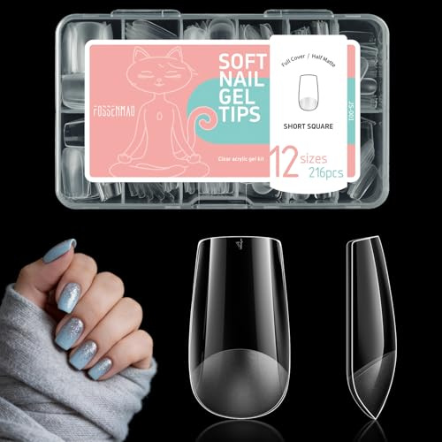 216 Pcs Short Square Nail Tips for Gel Extensions, Half Matte Full Cover Fake Nails for Manicure Salon Arts DIY Home (12 Sizes)