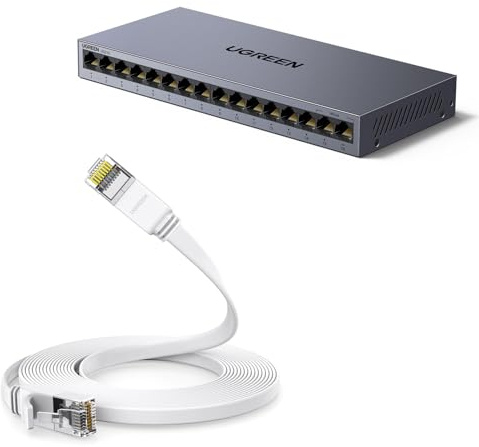UGREEN CAT 6 Flat RJ45 LAN Gigabit Ethernet Cable Bundle with 16 Ports Gigabit Ethernet Switch