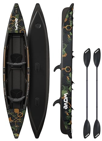 Wave Navigator 3.0 – Aufblasbares Kajak – Hartschale mit Drop Stitch – Komplettset mit Paddel, Pumpe und Sitz, Stabil und Tragbar für Seen und Flüsse – Tarnung – 2 Plätze