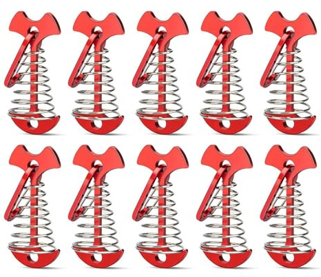 Ehwisbe 12PCS Tent Stakes Aluminum Deck Tie Down, Deck Anchor Pegs, Tent Rope Tighteners with Spring Buckle Red