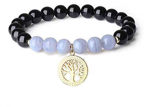 COAI Geschenkideen Yoga Armband Reiki Armband aus Schörl und Chalcedon Blau mit Lebensbaum Zubehör für Damen und Herren