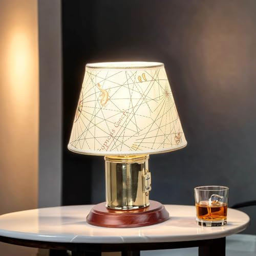 Tischleuchte aus Echt-Messing Schirm Landkarte nautisch maritim Anker H:30cm Kabelschalter E27 Tischlampe Nachttischlampe Schlafzimmer Wohnzimmer