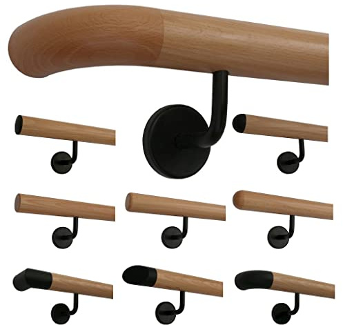 TIBU Buche Holz Handlauf Geländer 30-500cm im Set schwarze Halter Wandhandlauf Wand Treppe, Länge 330 cm mit 4 Halter Enden Holzkrümmling