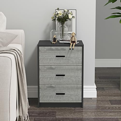 URBNLIVING 3 Drawer Wooden Bedroom Bedside Cabinet (Black Carcass + Ash Grey Oak Drawers)