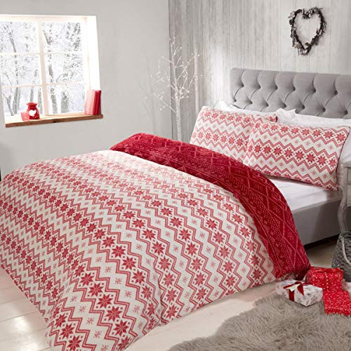 Sleepdown Fairisle Printed Flannel Fleece Abstract Stripes White Red Reversible Duvet Cover Quilt Bedding Set with Pillowcases Super Soft Warm & Cosy - Double (200cm x 200cm)