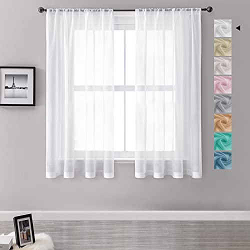 MRTREES Vorhänge Gardinen mit Store Vorhang Voile halbtransparent kurz in Leinenoptik Gardine Schals Weiß 145×140cm (H×B) für Wohnzimmer Schlafzimmer Kinderzimmer 2er Set
