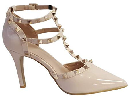 F2 Women's Studs Strappy High Heeled Sandals Rivets Buckle Pointy Pumps Court Shoes Office Evening Party 3-8 (Nude Beige, Numeric_6)