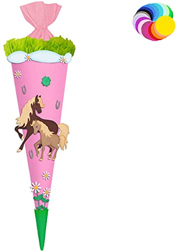 alles-meine.de GmbH Bastelset - Schultüte Farbe & Größe wählbar 70/85 / 100 cm - Pferde & Fohlen - Farbe frei wählbar - Bastelschultüte - Zuckertüte zum selber Basteln Bema..