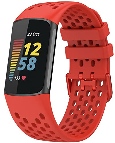 TopPerfekt Bracelet de Rechange pour Montre Fitbit Charge 6, Bracelet Réglable Sport en Silicone Souple pour Traqueur D'activité Charge 5 pour Homme et Femme (Rouge)