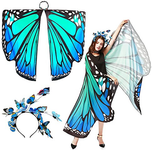 BETESSIN Schmetterling Umhang Damen mit Haarreif Schmetterlingsflügel mit Strassdruck Halsband Karnevalskostüme Schmetterling Flügel Kostüm Schal Poncho für Halloween Fasching Party Cosplay