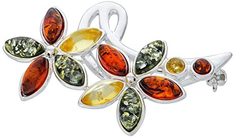 AMBEDORA Broche Femme Fleurs Colorées III avec Ambre, Argent Sterling Poli, Ambre Naturel de La Baltique en Trois Couleurs, un Cadeau Pour Toute Occasion