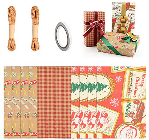 12 Stück Geschenkpapier Weihnachts Recycling Weihnachtspapier Kraft Weihnachtsgeschenkpapier Blätter Xmas Geschenkverpackung mit Seilen für Weihnachten Geburtstags Geschenke Braune Rote Farbe, 70x50cm