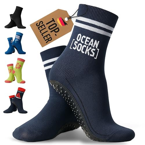 OceanSocks + EXTRA TASCHE | rutschfeste Aqua-und Beachsocken für Strand, Wasser, Wattwanderung, Boot & Boards, Damen, Herren, Kinder, Marine, 31-34