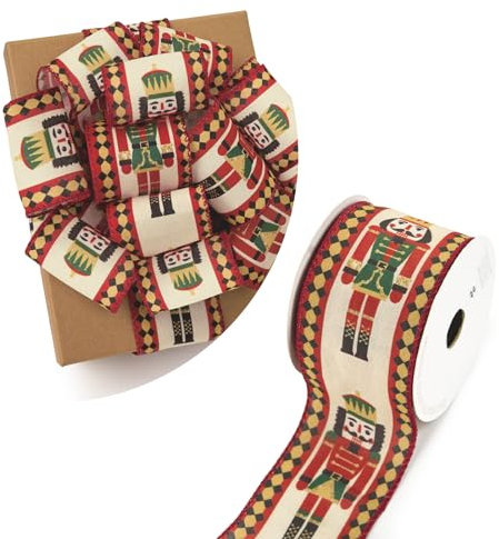 PAPER FAIR 1 Roll 2.5 Inch Wide 10 Yd Christmas Wired Ribbon, Nutcracker Plaid Burlap Wired Edge Ribbon for Xmas Tree Décor, Gift Wrapping Box, Bows, Wreath, Garland, DIY Craft, XMST1-2510-RDGE