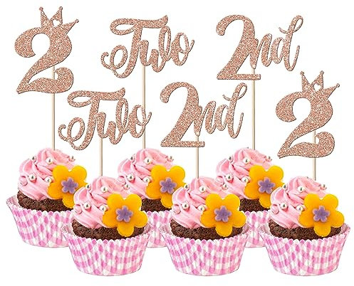 SYKYCTCY 24 Pack Happy 2nd Birthday Cupcake Toppers Glitter Second Birthday Cupcake Picks Crown Two Birthday Cake Decorations for Baby Shower Anniversary Party Supplies Rose Gold