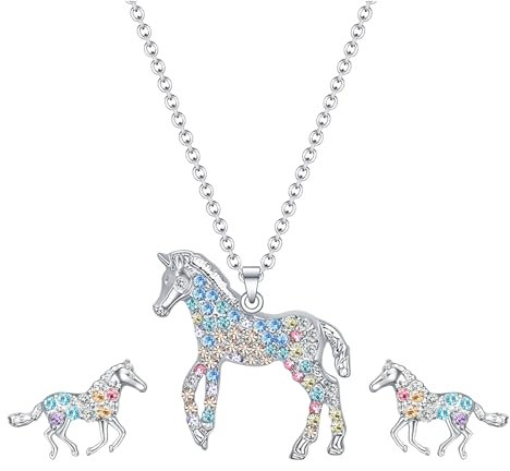 jagosen Pferde Mädchen Geschenk Pferde Kette Ohrringe Schmuckset Mädchen Silber Diamant Pferde Anhänger Ohrringe Geschenke Für Mädchen Frauen