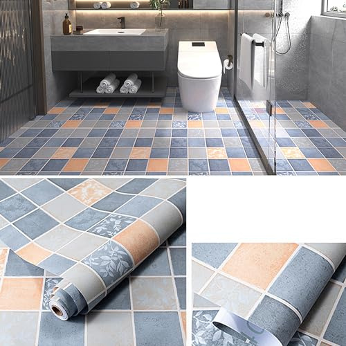 PVC Bodenbelag 5M x 40cm (2m² Karierter Retro-Stil für Eingang, Wohnzimmer, Kühe, Balkon, Abstellraum (Blue)