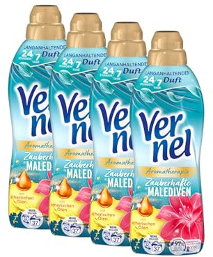VERNEL Aromatherapie Zauberhafte Malediven Weichspüler 4x 37 WL (148 Waschladungen), langanhaltender Wäscheduft mit ätherischen Ölen für 24/7 Frische, recycelbare Flasche