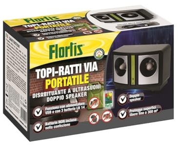 Flortis Topi Ratti Via. Disabituante ultrasuoni elettrico portatile. Deterrente topi, ratti e ghiri. Ultrasuoni per topi a batteria. Dissuasore per uso interno, casa, barca, seconda casa, camper.