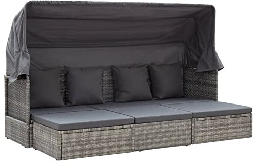 Tidyard Garten Sonneninsel mit Dach Sonnenliege Tagesbett Lounge Set Sonnendach Gartenliege Doppelliege Liegeinsel Gartenlounge Gartenmuschel Daybed Outdoor Grautöne Poly Rattan