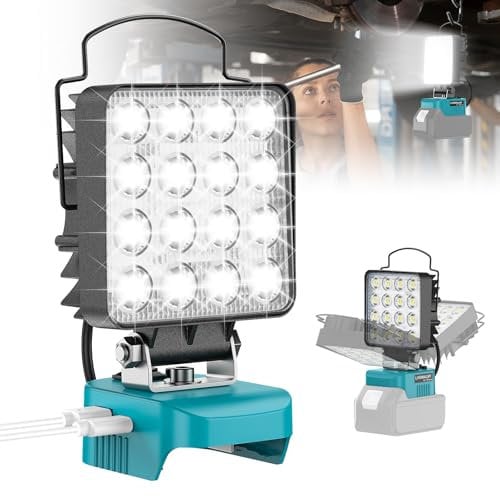 Lampada LED Ricaricabile per Makita 18V, LIVOWALNY 48W 4800LM Lampada Emergenza a Doppio Interruttore con Type C/USB Lampada da Lavoro Faretto per Garage, Campeggio, Cantiere (Senza Batteria)