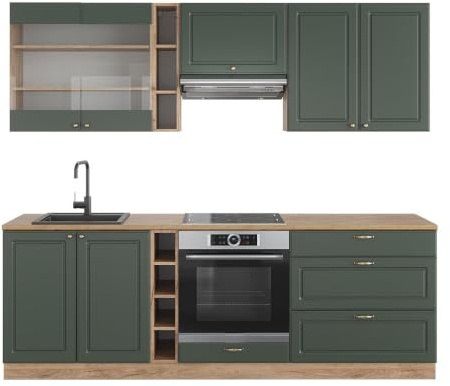 Vicco Küchenzeile Fame-Line, Grün-Gold Landhaus/Goldkraft Eiche, 235 cm | 9 Module · Höhenverstellbare Füße · Arbeitsplatte Eiche · MDF-Fronten · Softclose · Metallgriffe