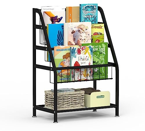 Huhote Children Kids Bookshelf, Small Bookcase, Kids Book Rack, Book and Toy Storage Organizer Display Stands Shelf for Small Place Living Room Study Children's Room (Black)