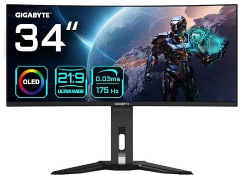 Gigabyte Monitor da gioco curvo OLED WQHD MO34WQC da 34 - 3440 x 1440, 175Hz, 0.03ms, KVM, 250 cd/m², FreeSync Premium Pro, DisplayHDR True Black 400, HDMI 2.1, Displayport 1.4