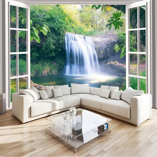Generico Art Murals Carta da Parati 3D Finestre Foreste Cascate Scenari Naturali 400x280 cm Moderna Fotomurali Decorazione da Muro Poster per Camere da Letto, Cucine, Soggiorni, dei Bambini