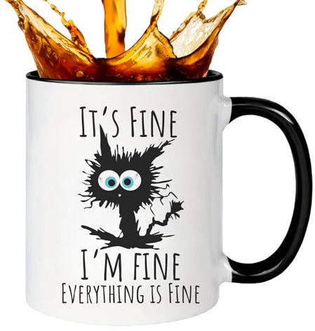 Funny Mugs Its Fine I'm Fine Everything is Fine Coffee Mug Ceramic Cat Mug Novelty Mug Cat Joke Coloured Mug Cat Candle Mug Birthday Work Office Christmas Tea Coffee Mug