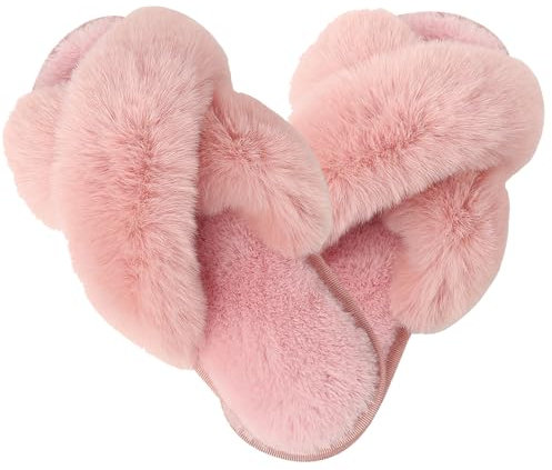 Milaloko Donne Fluffy Cross Band House Pantofole Fuzzy Open Toe Slip-on Cozy Peluche Scarpe Casa Indoor Outdoor, Rosa, 36-37