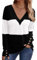 SHEKINI Jersey informal para mujer, cuello de pico, camiseta de manga larga ligera, bloque de color, corte holgado, camiseta, negro, blanco, M