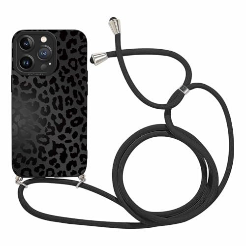 Coalbooliy Handyband für iPhone 12 Pro Max Hülle mit Band, Aesthetic Schwarzer Leopard Muster Verstellbarer Halskette Handyhülle Kordel zum umhängen Silikon Stoßfest Schutzhülle mit Kette,03