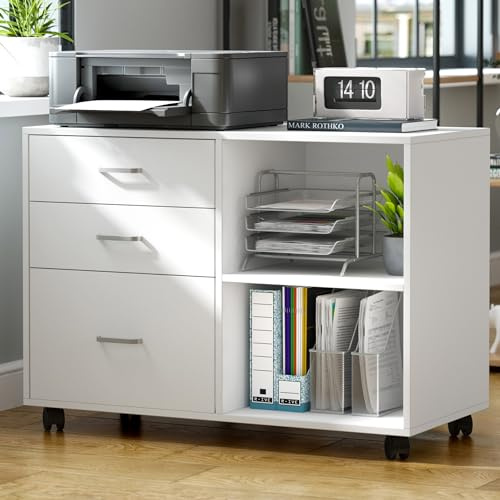 SogesHome Cajonera de Oficina Móvil con ruedas bloqueables, Mueble de Almacenamiento de Archivos con 3 Cajones, Soporte para Impresora, Blanco