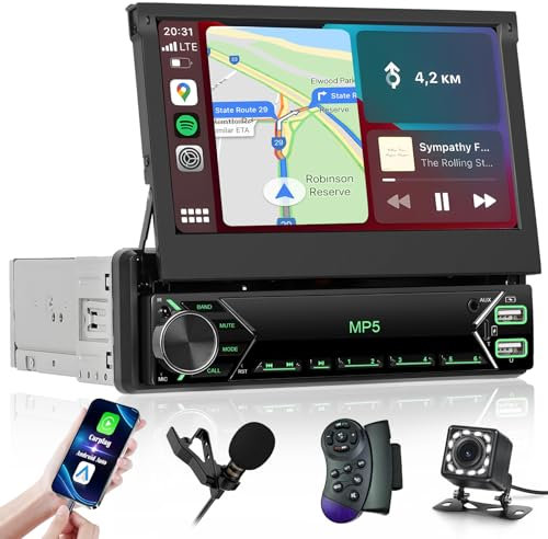 Hikity Carplay Autoradio 1 Din Écran Retractable 7 Pouces Poste Radio 1 Din avec Android Auto EQ Type-C USB AUX Bluetooth Mains Libres FM Mirror Link SWC Caméra de Recul