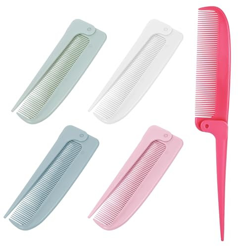 JJUNW 5 Stück Faltbarer Kamm, Stielkamm, Neckerei Kämme Bartkamm Tragbarer Mini Haarbürste Klappkamm Haarbürste Kamm Mit Stiel für Haarstyling Salon Frauen Männer (Weiß+blau+rosa+grün+rot)
