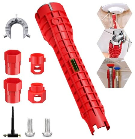 Coztie Double Head Sink Installer Tool, 14 in 1 Faucet Wrench Tool, Multifunctional Basin Wrench Faucet and Sink Installer Tool for Tight Space Kitchen Bathroom Plumbing Repair Faucet Wrench Tool Red