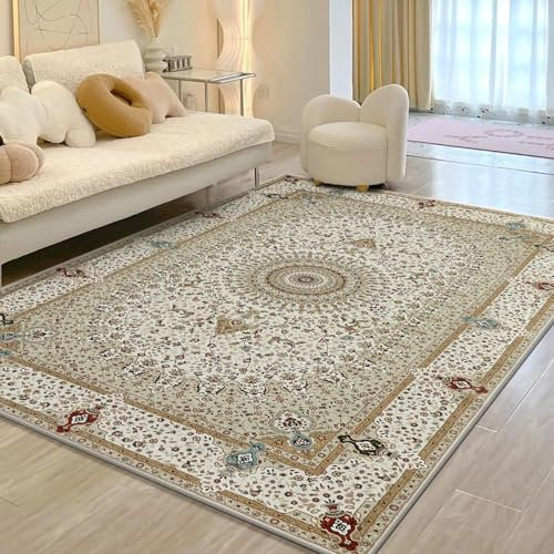 BedLooms Machine Washable Rugs Living Room 120 x 170 cm Large – Traditional Vintage Boho Rugs for Bedroom – Floral Design Beige Area Rugs for Kids Room Lounge Short Pile Floor Carpet (Willow Beige)