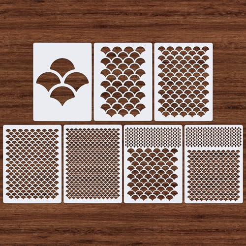 7stk Fischschuppen Schablone, Wiederverwendbare Meerjungfrauen-Schuppen-Schablonen Fischschuppen-Vorlagen Meerjungfrauen-Schuppen-Schablone Make-Up-DIY-Werkzeug Gesicht Arm Körper Wand(Weiß)