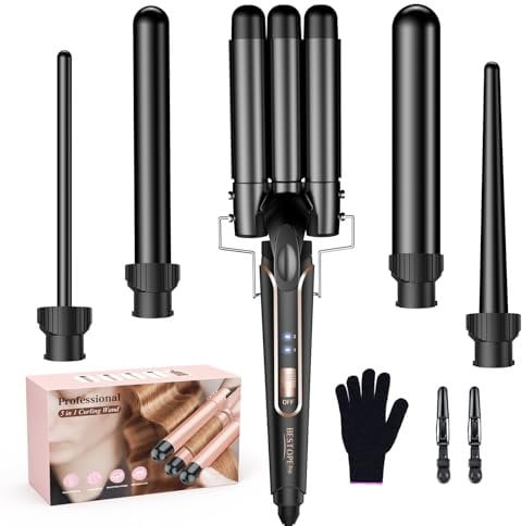 BESTOPE PRO 5 in 1 Beach Waver Hair Curler, Curling Iron (9-32mm) with 2 Temperature Control, Mermaid Hair Waver with Heat-Resistant Glove and 2 Clips for Long Medium Short Hair