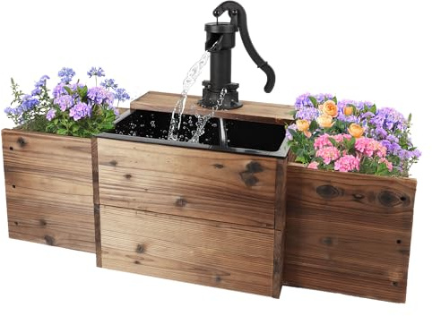 OIPRTGFJ Fontaine à eau d'extérieur rectangulaire en bois avec boîte à fleurs, pompe manuelle décorative électrique pour jardin, terrasse, arrière-cour