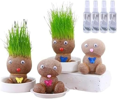 4PCS Grass Head Doll Plant with Trays & Spray Bottles, Grass Head Doll Bonsai Growing Plants, Mini Bonsai Grass Head Plants, Educational Craft Kit for Men Women Kids Home Garden Décor