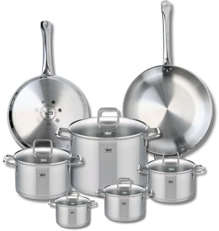 ELO 9510750 Batterie de cuisine 7 pièces, Ensemble de 2 Poêles de cuisson 28 et 32 cm et 5 faitouts 12, 14, 16, 20 et 26 cm Elo Profi Citrin, inox, induction